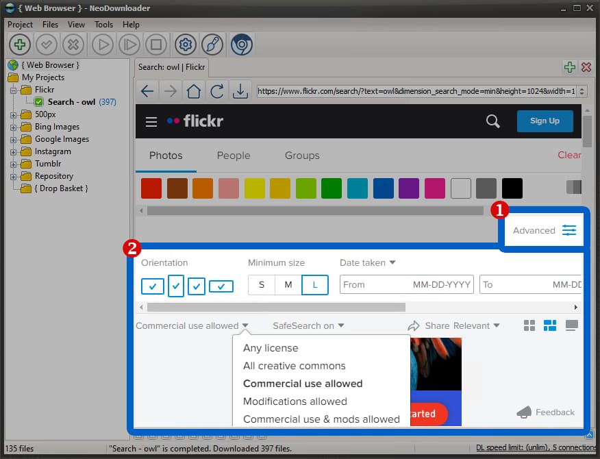 Flickr photo downloader — browsing search results with filters