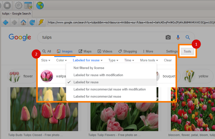 Google Images filter toolbar with size, color, and license options