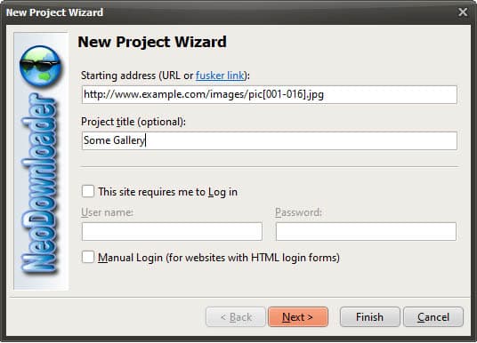 NeoDownloader New Project Wizard - entering a fusker URL pattern