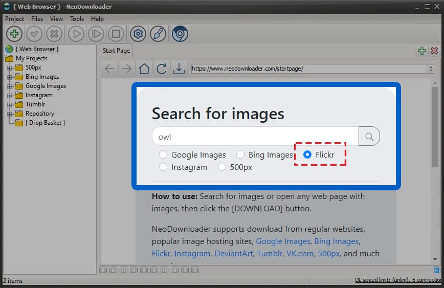NeoDownloader downloading a Flickr album in original quality