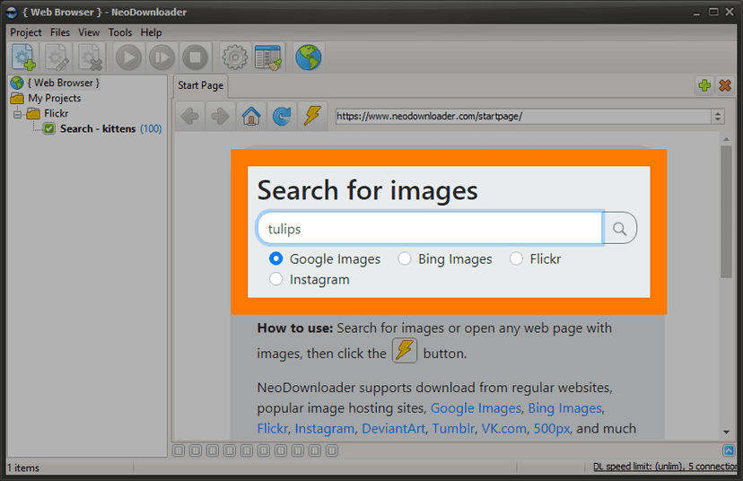 NeoDownloader search interface showing Google Images search for tulips